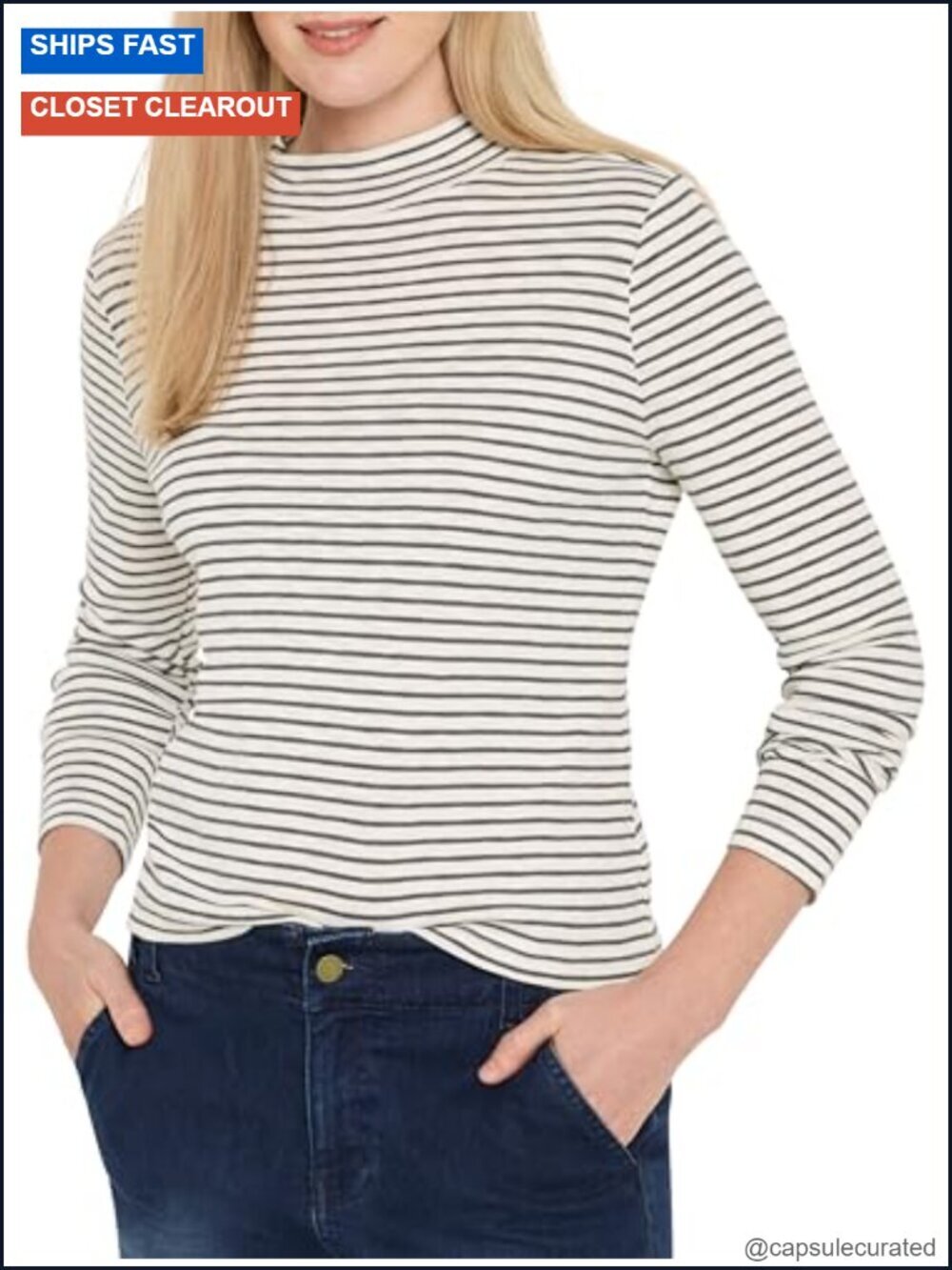 Striped Long Sleeve Mock Neck Tee - Fitted Pullover Top